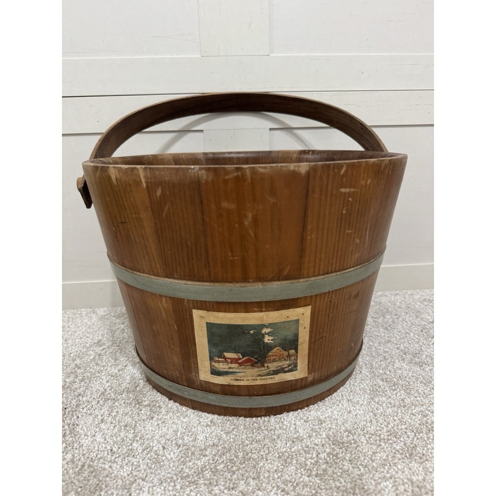 Antique‎ PRIMITIVE Vintage Wooden Bucket w/ Swing Handle 2 Metal Bands Christmas